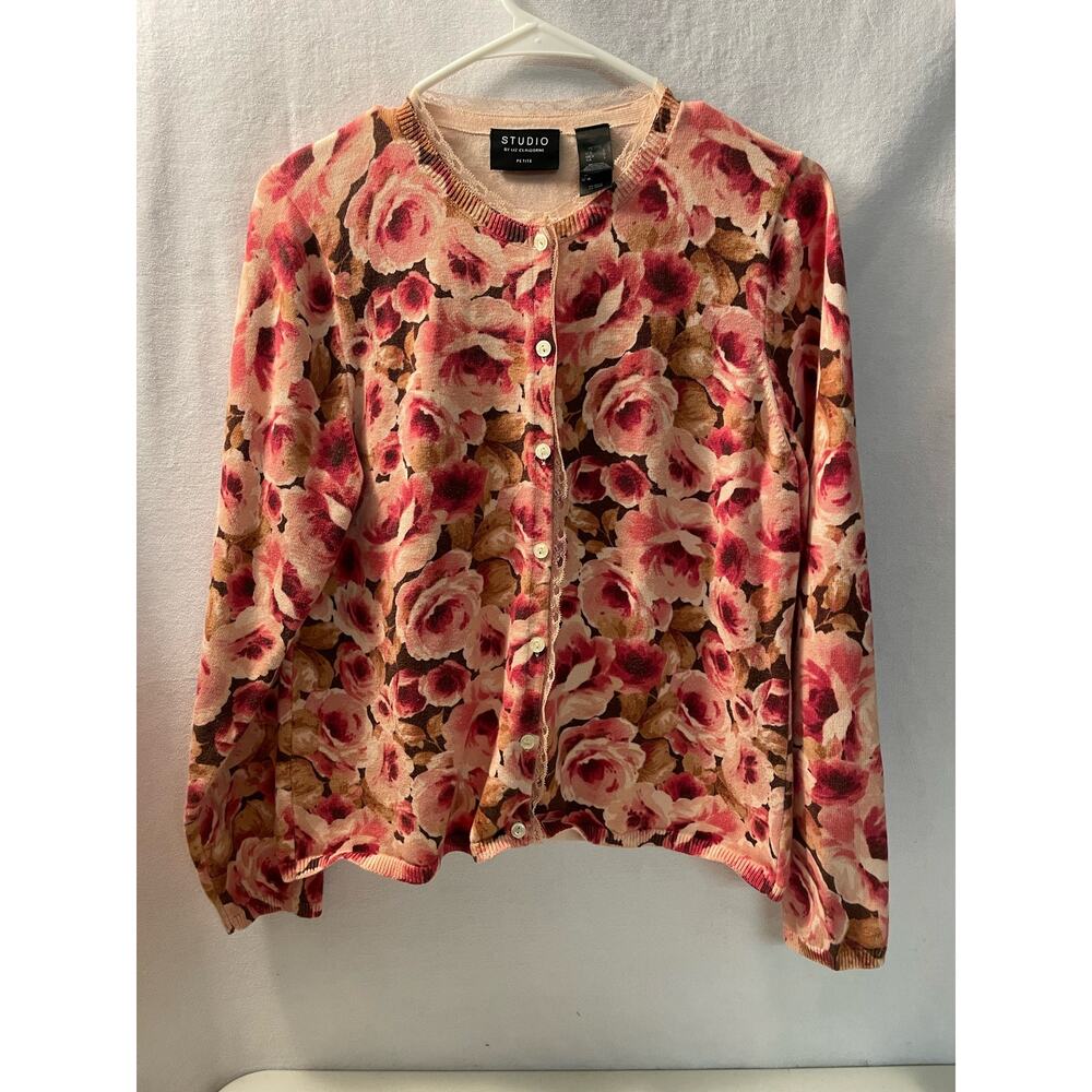 Studio by Liz Claiborne sweater rose pink Red Tan‎ Large Petite button up